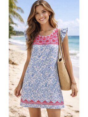 THML Blue and Pink Tropical Print Flutter Sleeve Dress